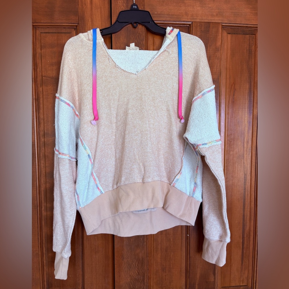 Hem & Thread Tan, Cream and Rainbow Seam Hoodie